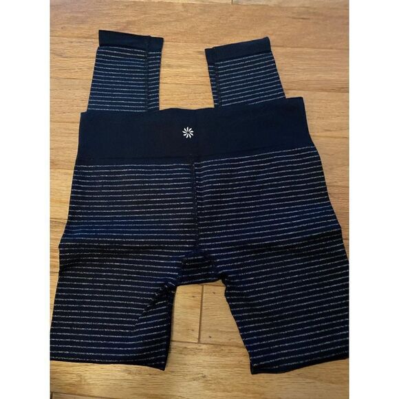 Athleta womens Black Silver Metallic Shimmer Striped pull on mid-rise pants sz M - Picture 4 of 8